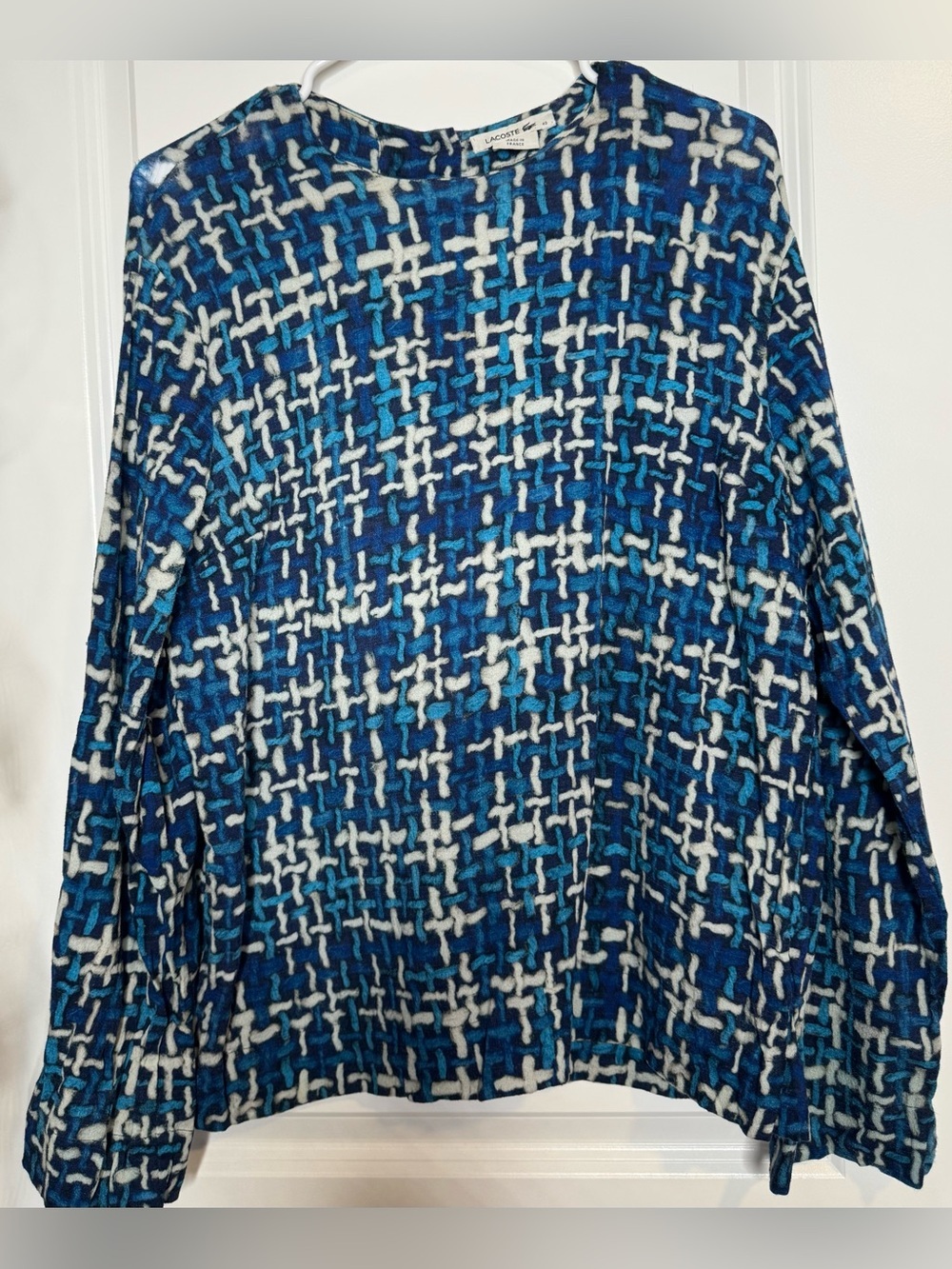 Lacoste Blue & Teal Geometric long sleeve Knit Top wool blend size 40 stretch LG